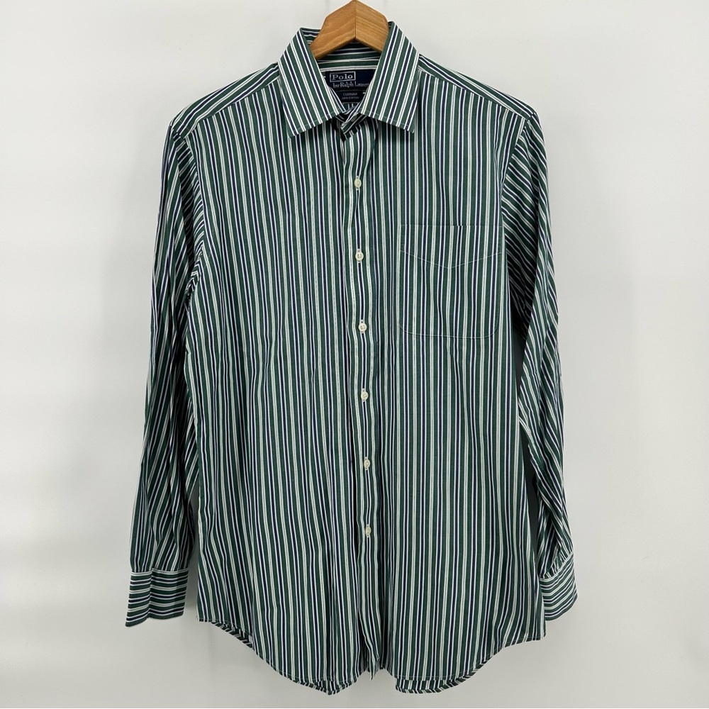 Vtg Polo Ralph Lauren Button Shirt Men's Grn/Blu/Wh Striped Curham Sz 15 32/33